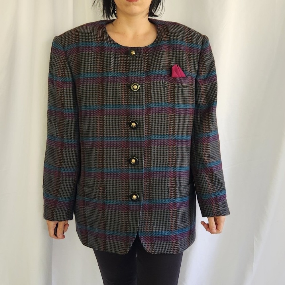 90s Black, Blue, Purple, and Tan‎ Plaid Wool Blend Blazer